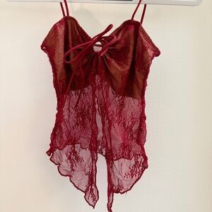 Red Lace Tie Front Top